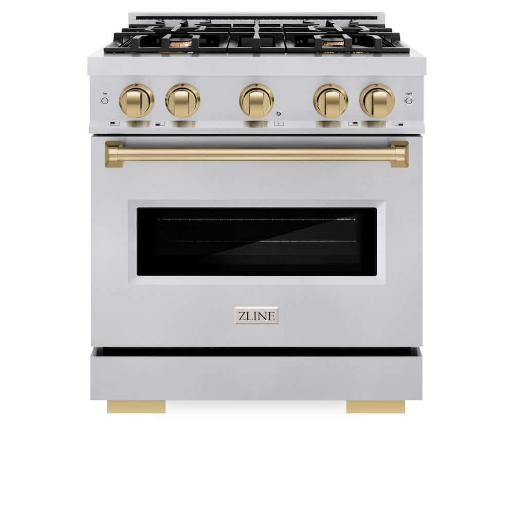 ZLINE Autograph Edition 30 in. 4.2 cu. ft. Classic Gas Range with 4 Burner Cooktop and Convection Gas Oven in Stainless Steel and Champagne Bronze Accents, Open Box-Good Condition