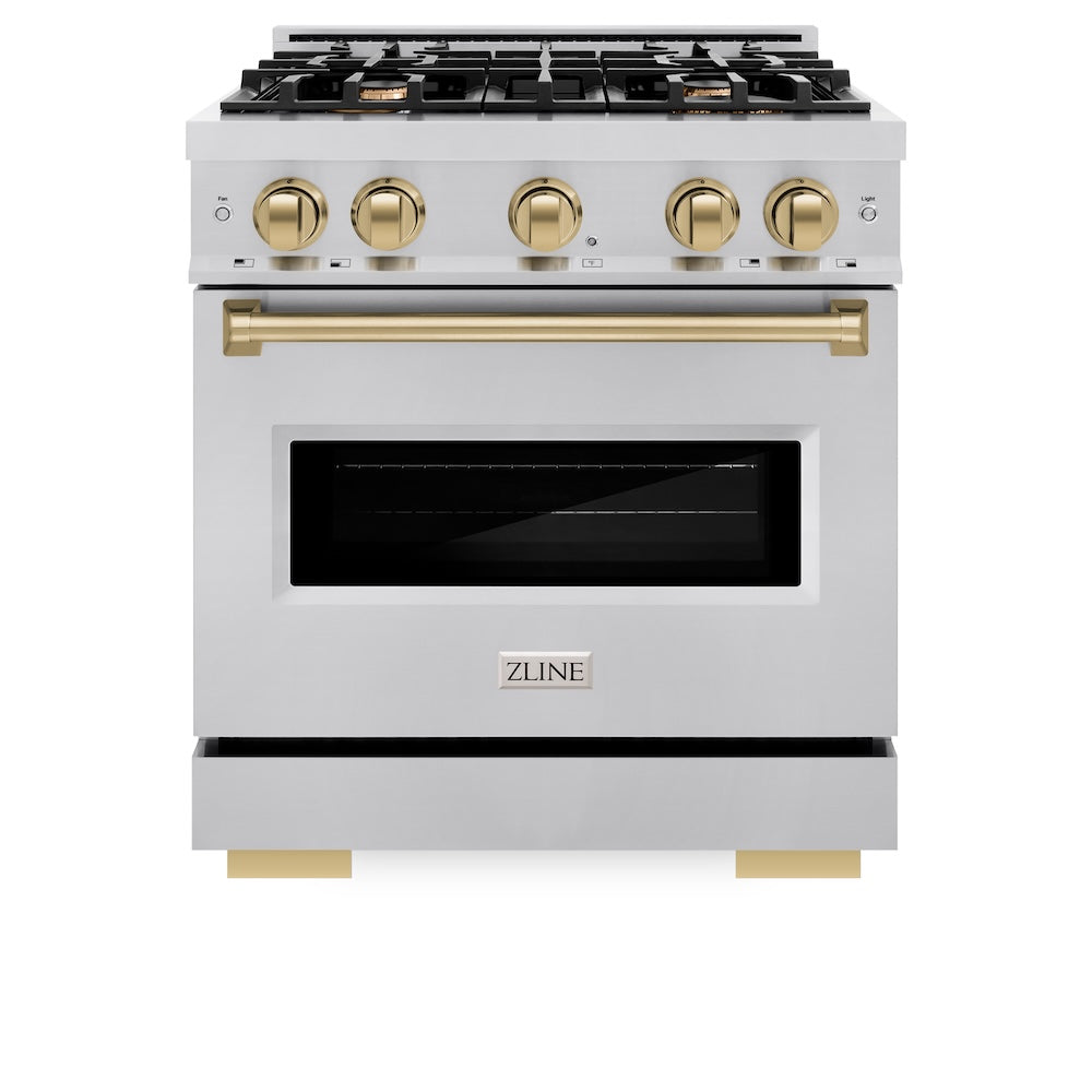 ZLINE Autograph Edition 30 in. 4.2 cu. ft. Classic Gas Range with 4 Burner Cooktop and Convection Gas Oven in Stainless Steel and Champagne Bronze Accents, Open Box-Great Condition