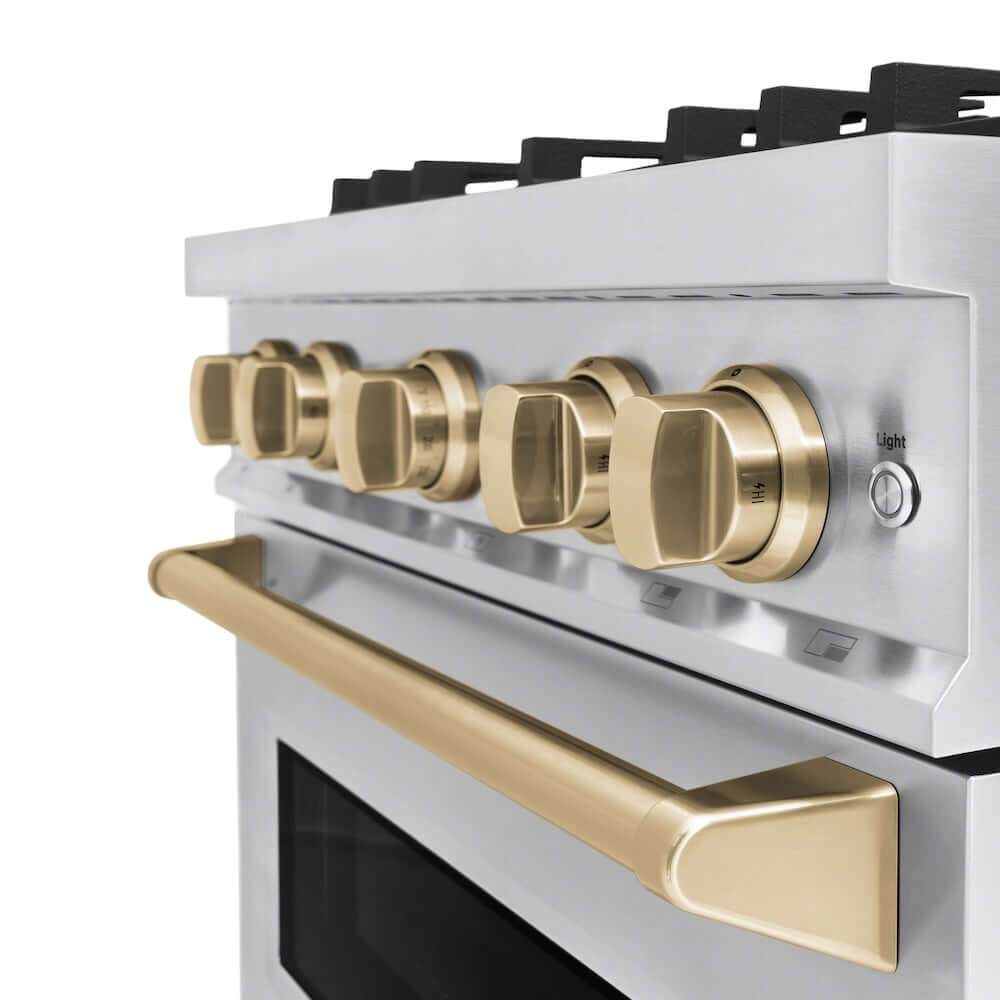 ZLINE Autograph Edition 30 in. 4.2 cu. ft. Classic Gas Range with 4 Burner Cooktop and Convection Gas Oven in Stainless Steel and Champagne Bronze Accents, Open Box-Good Condition