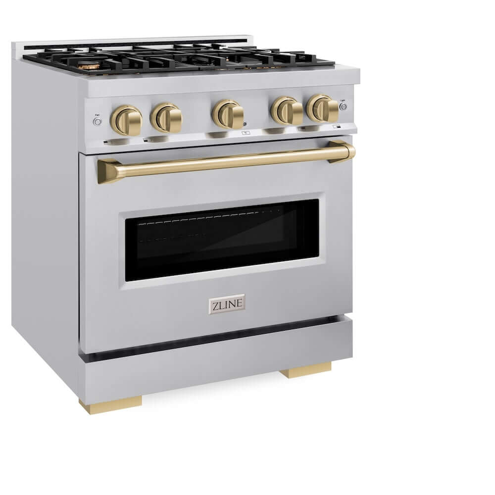 ZLINE Autograph Edition 30 in. 4.2 cu. ft. Classic Gas Range with 4 Burner Cooktop and Convection Gas Oven in Stainless Steel and Champagne Bronze Accents, Open Box-Good Condition