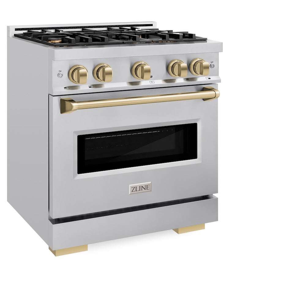 ZLINE Autograph Edition 30 in. 4.2 cu. ft. Classic Gas Range with 4 Burner Cooktop and Convection Gas Oven in Stainless Steel and Champagne Bronze Accents, Open Box-Great Condition