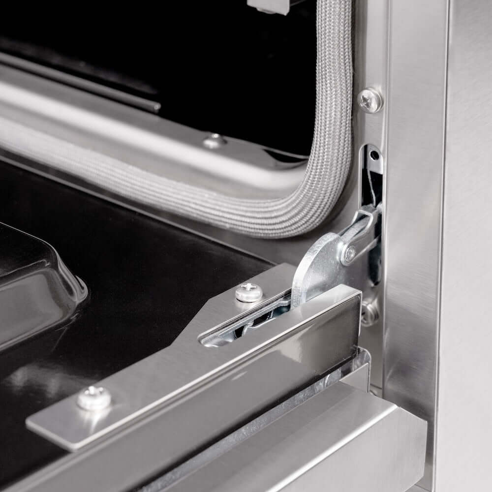 ZLINE Autograph Edition 30 in. 4.2 cu. ft. Classic Gas Range with 4 Burner Cooktop and Convection Gas Oven in Stainless Steel and Champagne Bronze Accents (CGRZ-30-CB) close-up detail, StayPut oven door hinges.