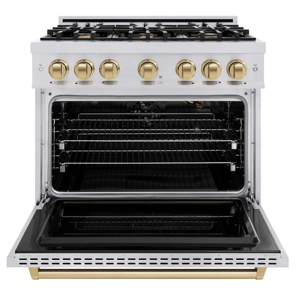 ZLINE Autograph Edition 36 in. 5.2 cu. ft. Classic Gas Range with 6 Burner Cooktop and Convection Gas Oven in Stainless Steel and Champagne Bronze Accents, Open Box-Good Condition