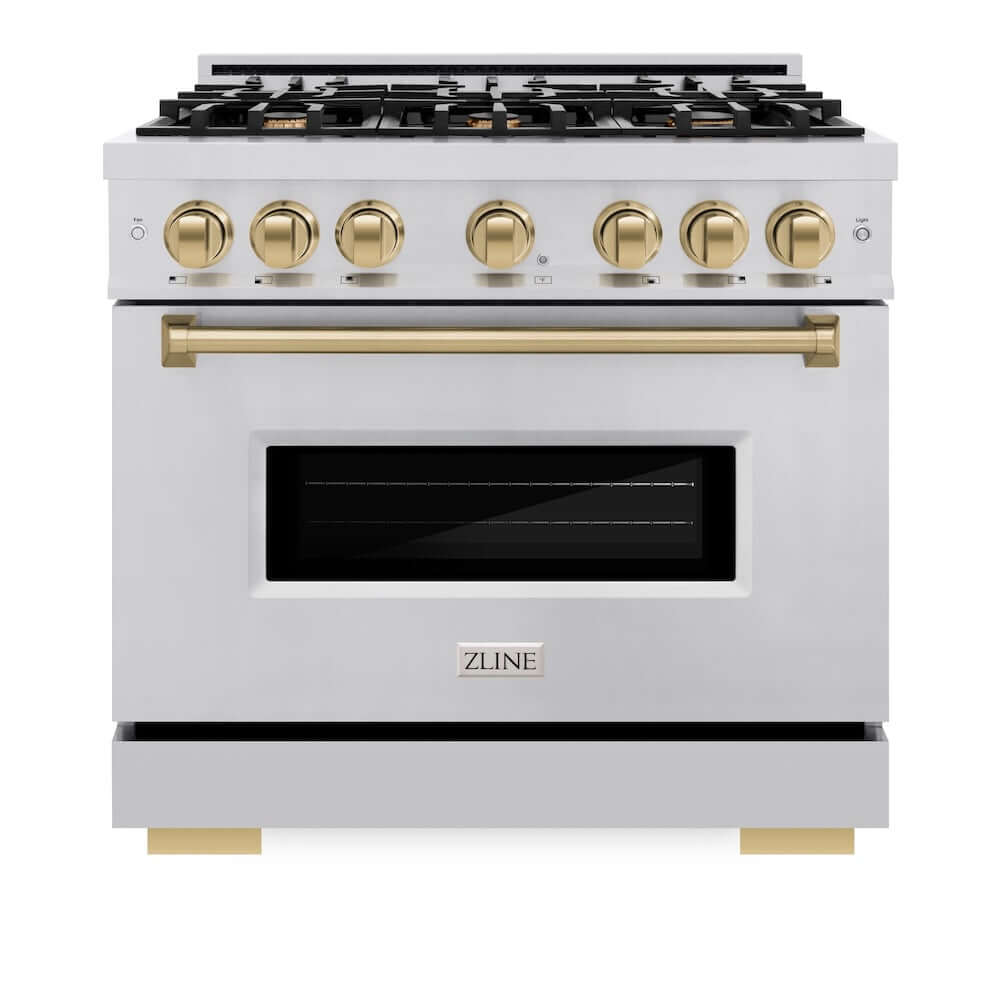 ZLINE Autograph Edition 36 in. 5.2 cu. ft. Classic Gas Range with 6 Burner Cooktop and Convection Gas Oven in Stainless Steel and Champagne Bronze Accents, Open Box-Good Condition