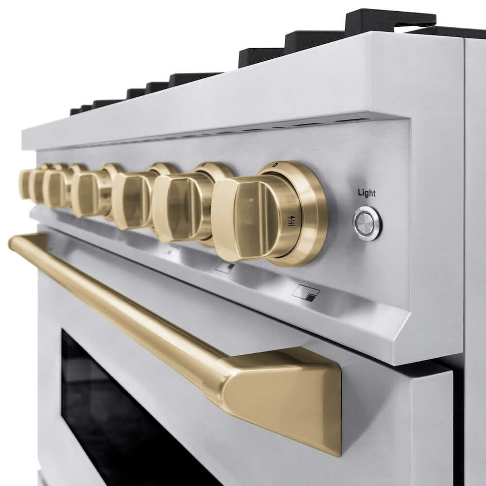 ZLINE Autograph Edition 36 in. 5.2 cu. ft. Classic Gas Range with 6 Burner Cooktop and Convection Gas Oven in Stainless Steel and Champagne Bronze Accents, Open Box-Good Condition