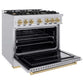 ZLINE Autograph Edition 36 in. 5.2 cu. ft. Classic Gas Range with 6 Burner Cooktop and Convection Gas Oven in Stainless Steel and Champagne Bronze Accents, Open Box-Good Condition