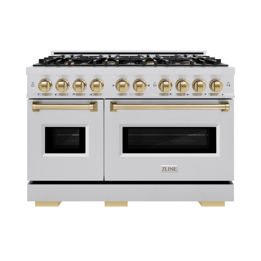 ZLINE Autograph Edition 48 in. 6.7 cu. ft. Classic Double Oven Gas Range with 8 Burner Cooktop in Stainless Steel and Champagne Bronze Accents, Open Box-Great Condition