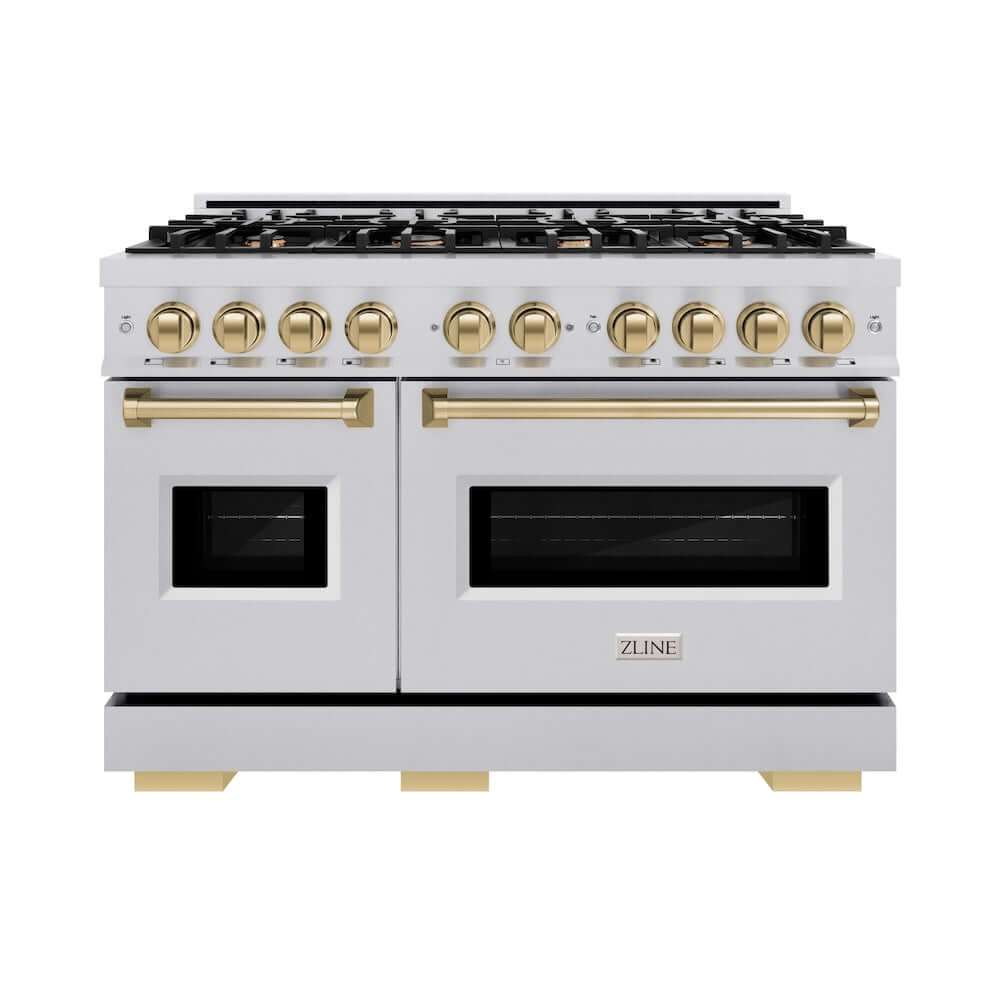 ZLINE Autograph Edition 48 in. 6.7 cu. ft. Classic Double Oven Gas Range with 8 Burner Cooktop in Stainless Steel and Champagne Bronze Accents, Open Box-Good Condition