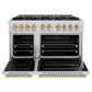 ZLINE Autograph Edition 48 in. 6.7 cu. ft. Classic Double Oven Gas Range with 8 Burner Cooktop in Stainless Steel and Champagne Bronze Accents (CGRZ-48-CB) front, oven open.