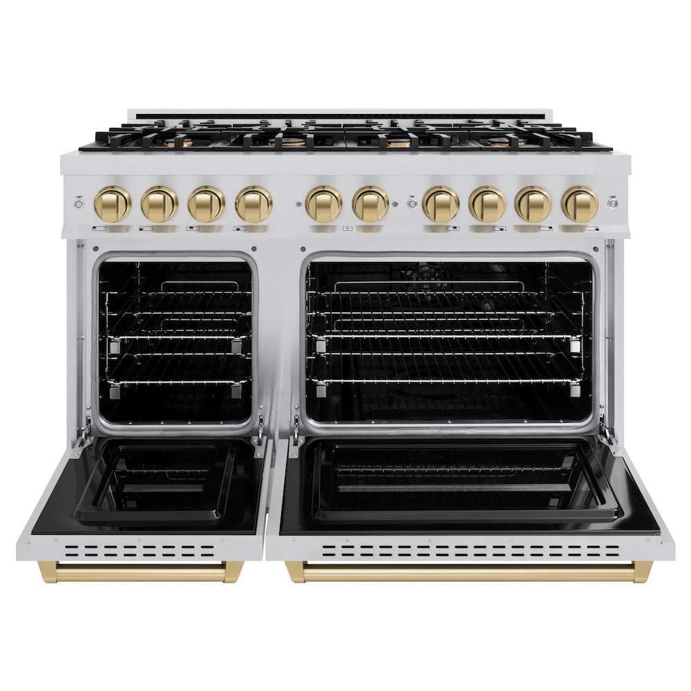 ZLINE Autograph Edition 48 in. 6.7 cu. ft. Classic Double Oven Gas Range with 8 Burner Cooktop in Stainless Steel and Champagne Bronze Accents, Open Box-Great Condition