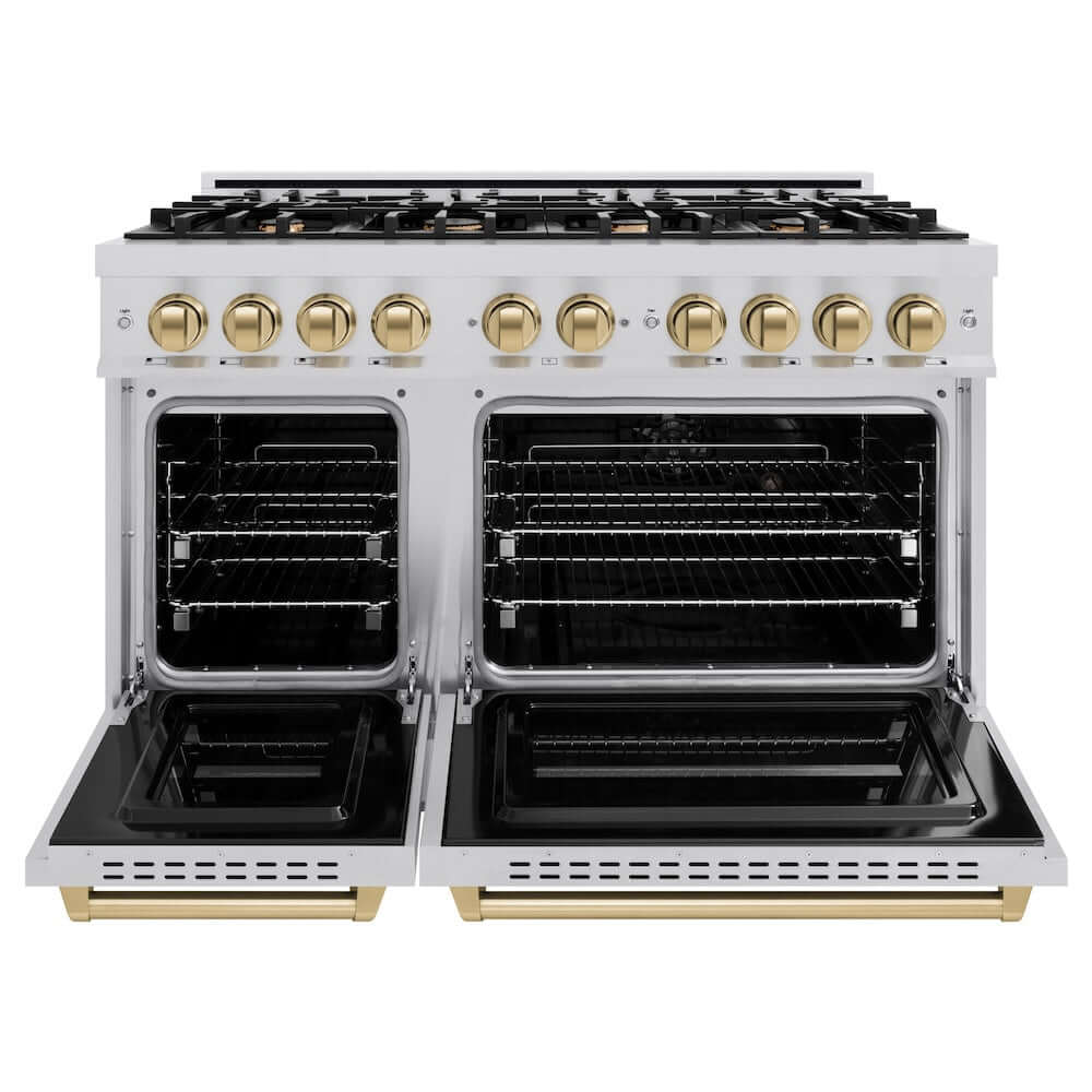 ZLINE Autograph Edition 48 in. 6.7 cu. ft. Classic Double Oven Gas Range with 8 Burner Cooktop in Stainless Steel and Champagne Bronze Accents, Open Box-Good Condition