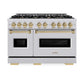 ZLINE Autograph Edition 48 in. 6.7 cu. ft. Classic Double Oven Gas Range with 8 Burner Cooktop in Stainless Steel and Champagne Bronze Accents (CGRZ-48-CB) front, oven closed.