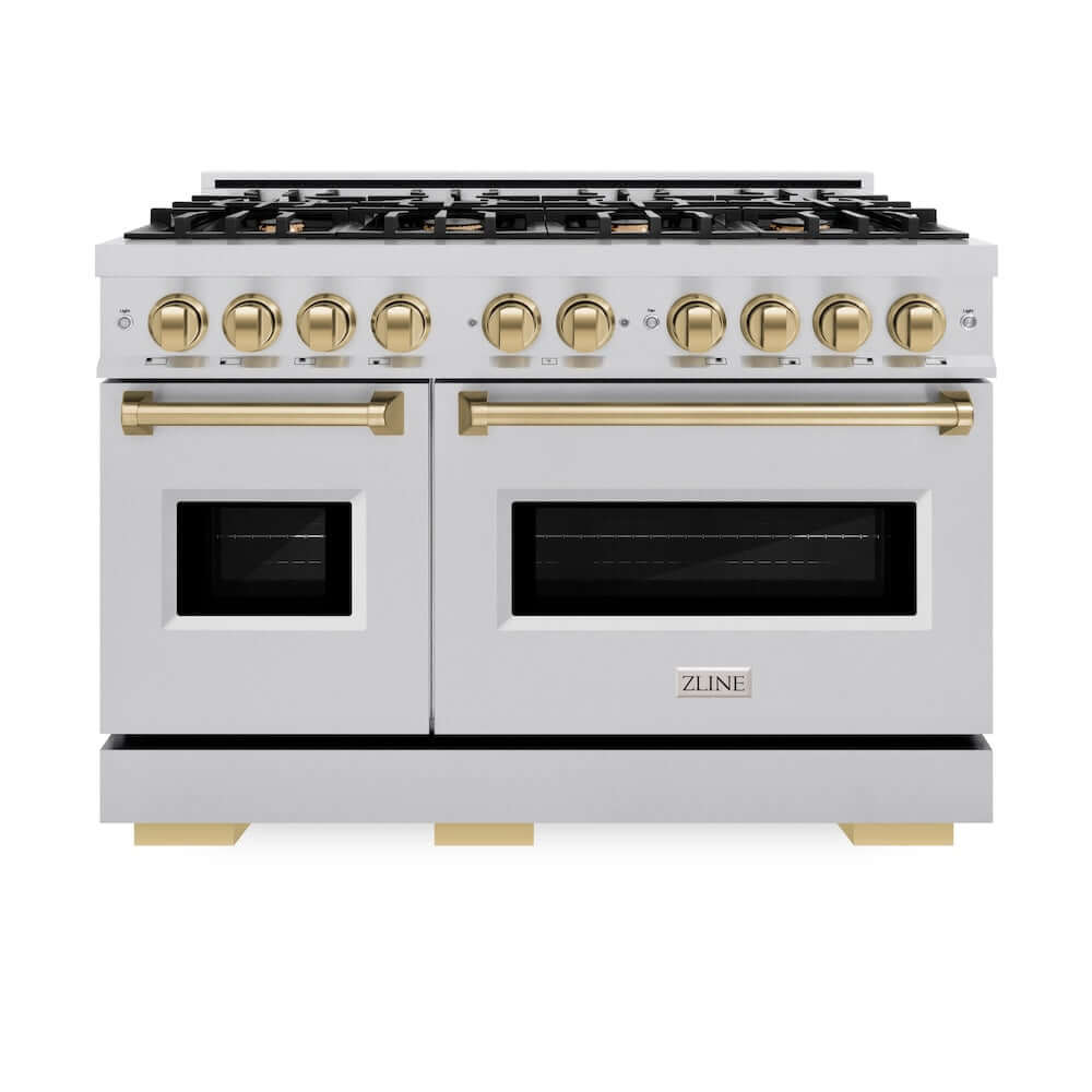 ZLINE Autograph Edition 48 in. 6.7 cu. ft. Classic Double Oven Gas Range with 8 Burner Cooktop in Stainless Steel and Champagne Bronze Accents (CGRZ-48-CB) front, oven closed.