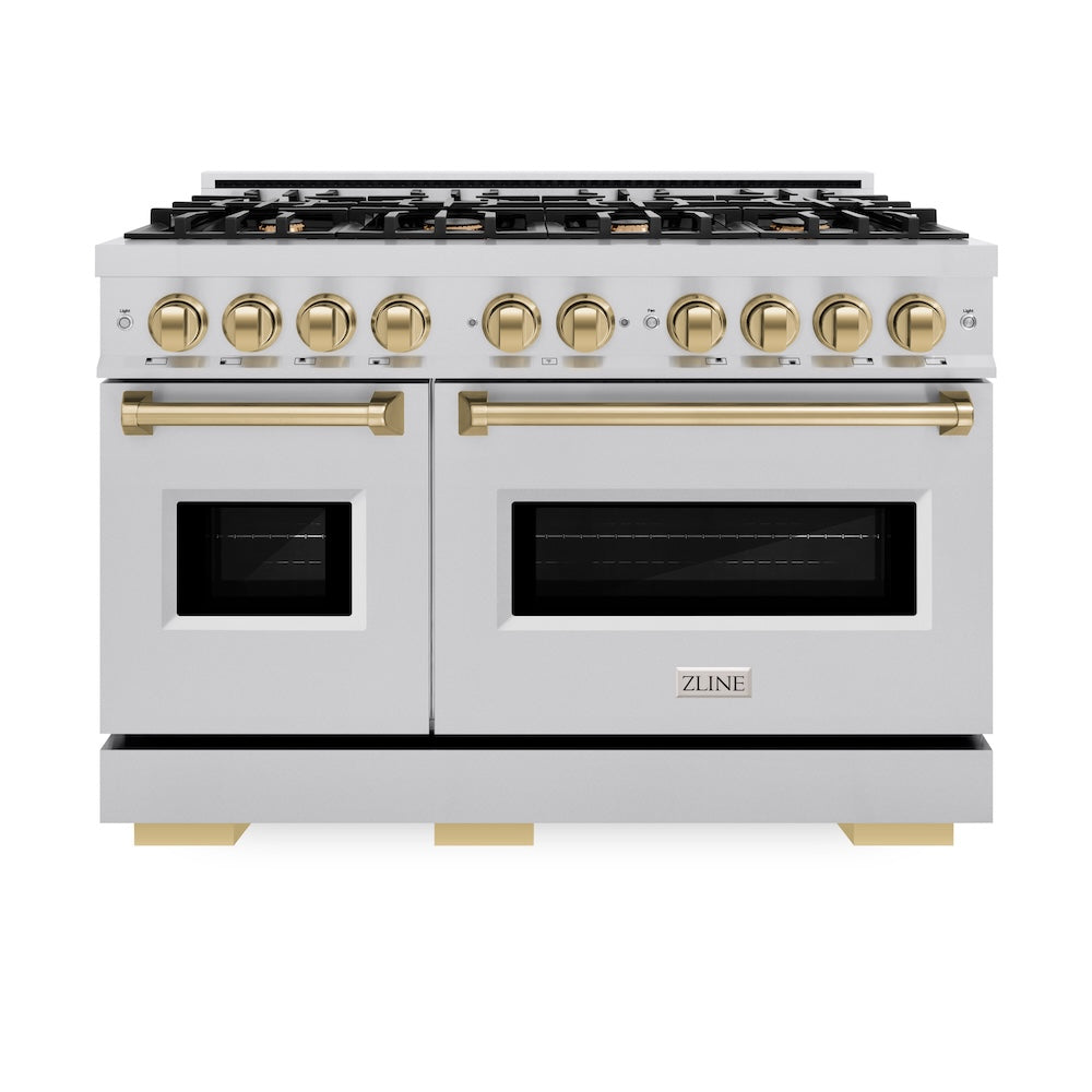 ZLINE Autograph Edition 48 in. 6.7 cu. ft. Classic Double Oven Gas Range with 8 Burner Cooktop in Stainless Steel and Champagne Bronze Accents, Open Box-Great Condition