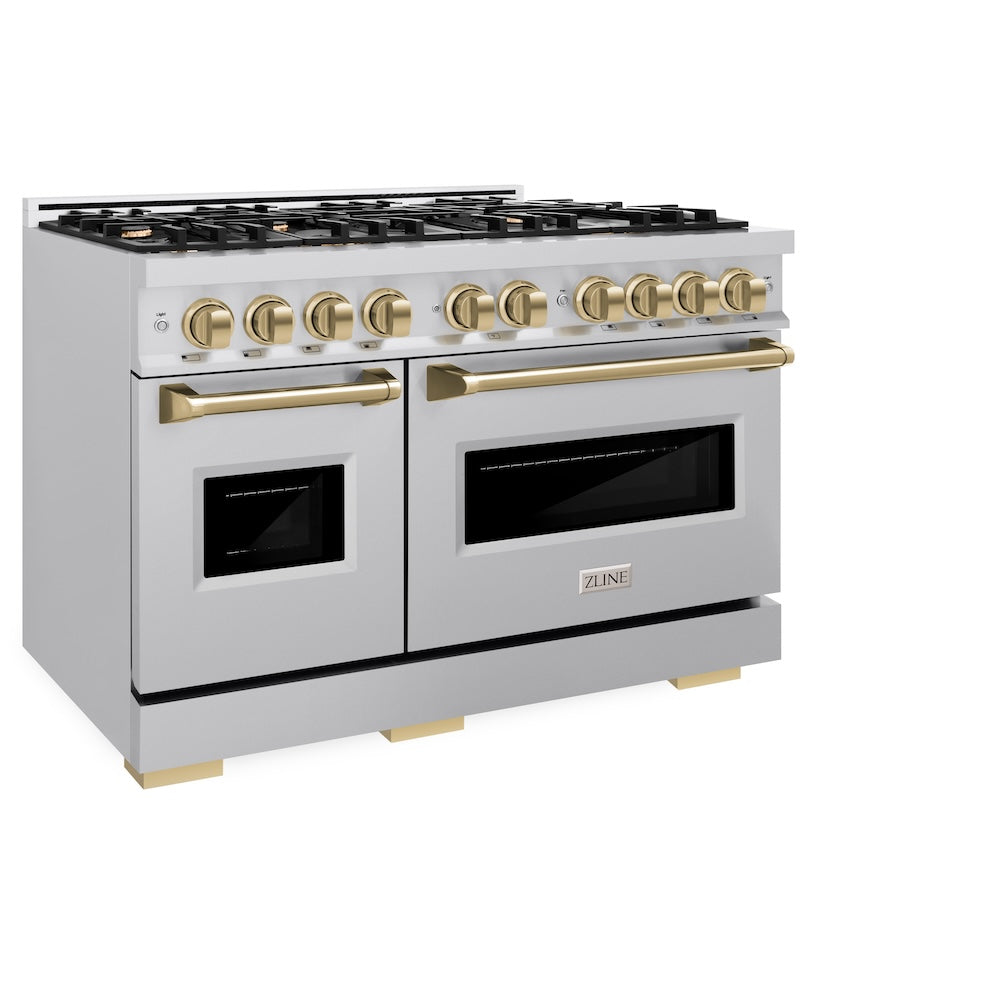 ZLINE Autograph Edition 48 in. 6.7 cu. ft. Classic Double Oven Gas Range with 8 Burner Cooktop in Stainless Steel and Champagne Bronze Accents (CGRZ-48-CB)