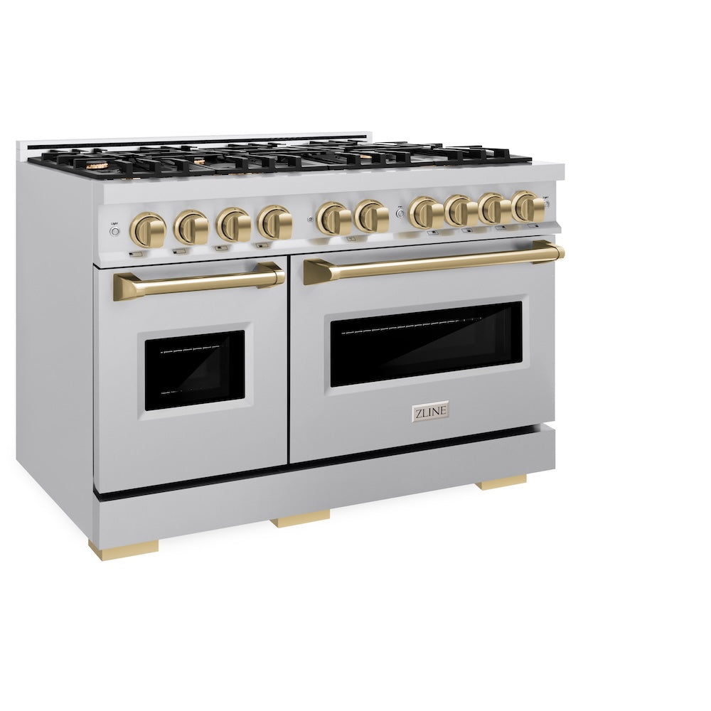 ZLINE Autograph Edition 48 in. 6.7 cu. ft. Classic Double Oven Gas Range with 8 Burner Cooktop in Stainless Steel and Champagne Bronze Accents, Open Box-Great Condition