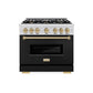ZLINE Autograph Edition 36 in. 5.2 cu. ft. Classic Gas Range with 6 Burner Cooktop and Convection Gas Oven in Stainless Steel with Black Matte Door and Champagne Bronze Accents, Open Box-Great Condition