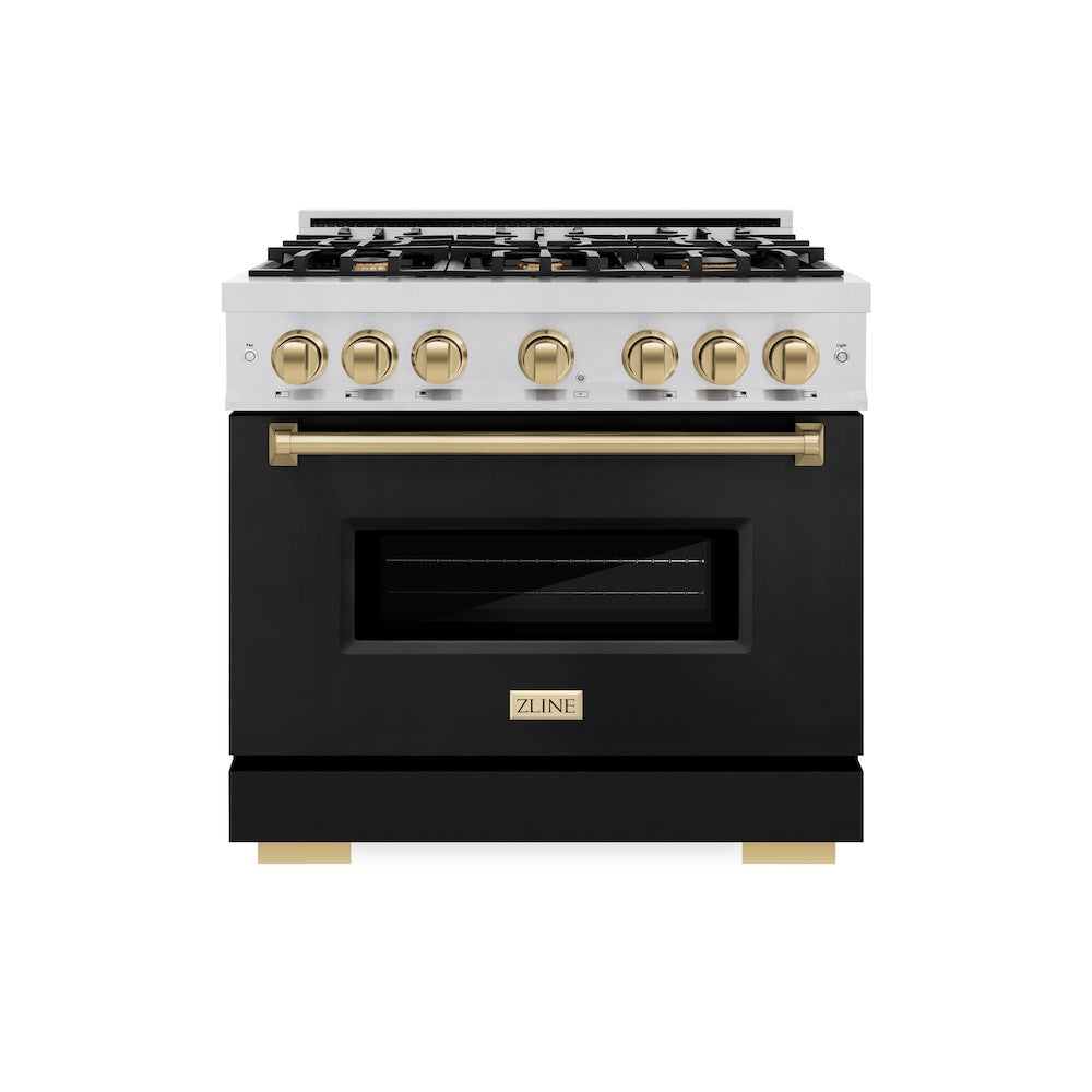 ZLINE Autograph Edition 36 in. 5.2 cu. ft. Classic Gas Range with 6 Burner Cooktop and Convection Gas Oven in Stainless Steel with Black Matte Door and Champagne Bronze Accents, Open Box-Great Condition