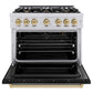 ZLINE Autograph Edition 36 in. 5.2 cu. ft. Classic Gas Range with 6 Burner Cooktop and Convection Gas Oven in Stainless Steel with Black Matte Door and Champagne Bronze Accents, Open Box-Good Condition