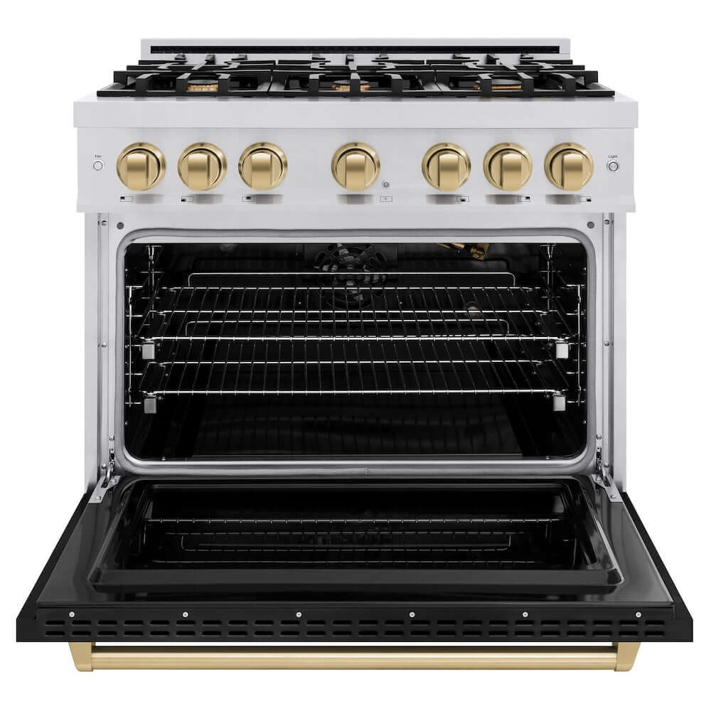 ZLINE Autograph Edition 36 in. 5.2 cu. ft. Classic Gas Range with 6 Burner Cooktop and Convection Gas Oven in Stainless Steel with Black Matte Door and Champagne Bronze Accents, Open Box-Good Condition