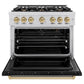 ZLINE Autograph Edition 36 in. 5.2 cu. ft. Classic Gas Range with 6 Burner Cooktop and Convection Gas Oven in Stainless Steel with Black Matte Door and Champagne Bronze Accents, Open Box-Great Condition