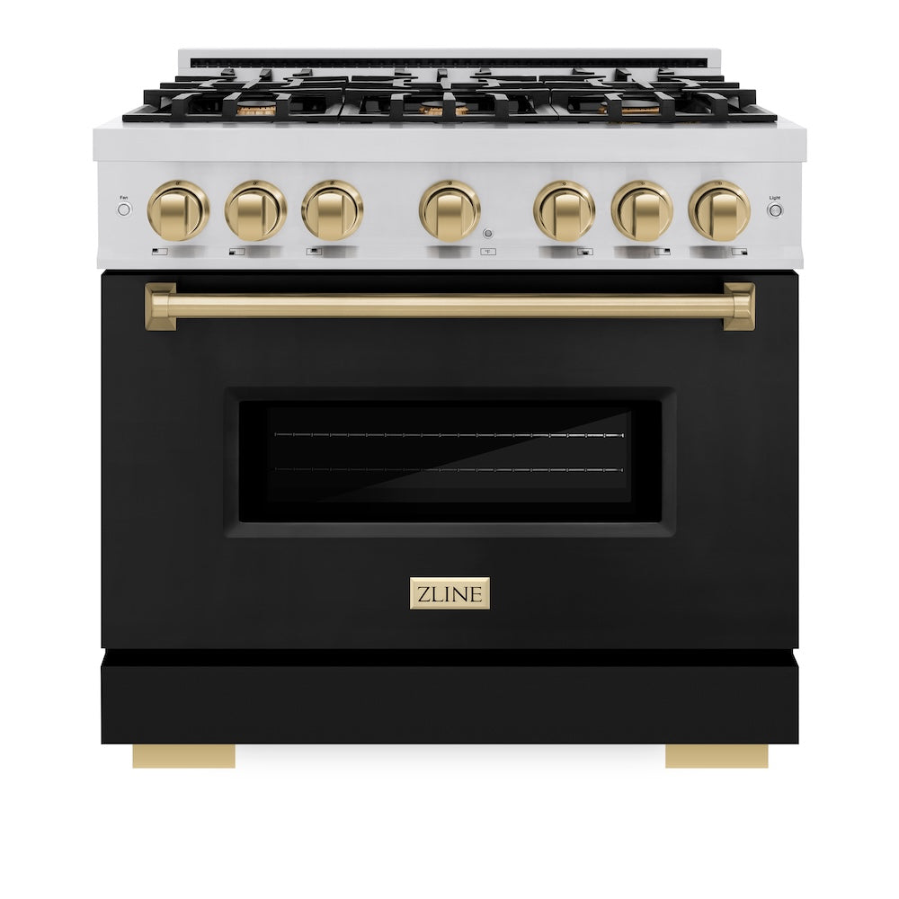 ZLINE Autograph Edition 36 in. 5.2 cu. ft. Classic Gas Range with 6 Burner Cooktop and Convection Gas Oven in Stainless Steel with Black Matte Door and Champagne Bronze Accents, Open Box-Great Condition