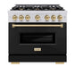 ZLINE Autograph Edition 36 in. 5.2 cu. ft. Classic Gas Range with 6 Burner Cooktop and Convection Gas Oven in Stainless Steel with Black Matte Door and Champagne Bronze Accents, Open Box-Good Condition