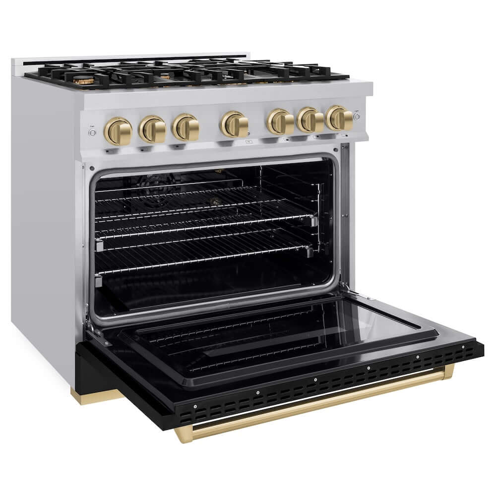 ZLINE Autograph Edition 36 in. 5.2 cu. ft. Classic Gas Range with 6 Burner Cooktop and Convection Gas Oven in Stainless Steel with Black Matte Door and Champagne Bronze Accents, Open Box-Good Condition