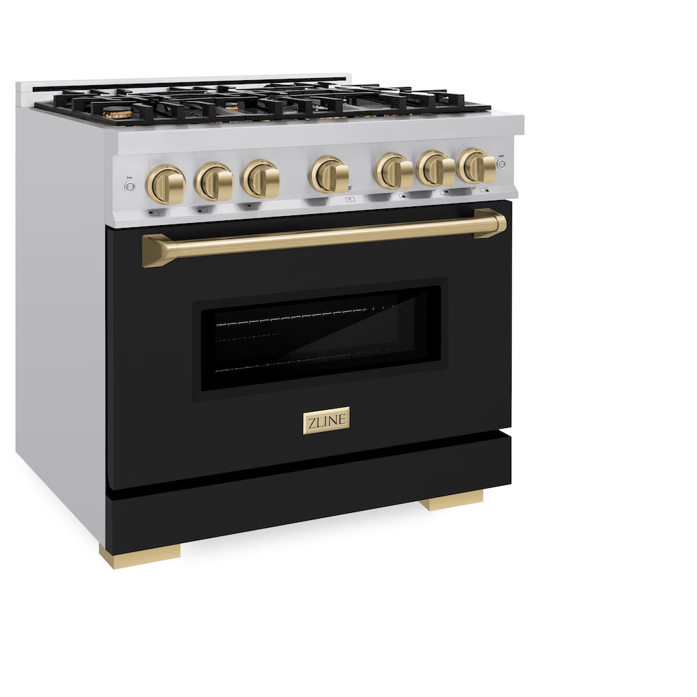ZLINE Autograph Edition 36 in. 5.2 cu. ft. Classic Gas Range with 6 Burner Cooktop and Convection Gas Oven in Stainless Steel with Black Matte Door and Champagne Bronze Accents, Open Box-Great Condition