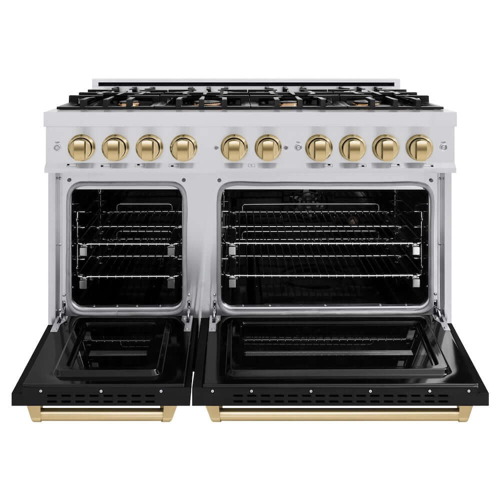 ZLINE Autograph Edition 48 in. 6.7 cu. ft. Classic Double Oven Gas Range with 8 Burner Cooktop in Stainless Steel with Black Matte Doors and Champagne Bronze Accents, Open Box-Good Condition