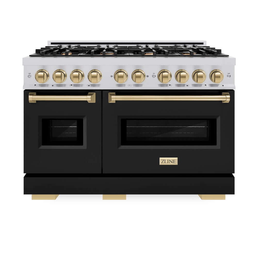 ZLINE Autograph Edition 48 in. 6.7 cu. ft. Classic Double Oven Gas Range with 8 Burner Cooktop in Stainless Steel with Black Matte Doors and Champagne Bronze Accents, Open Box-Good Condition