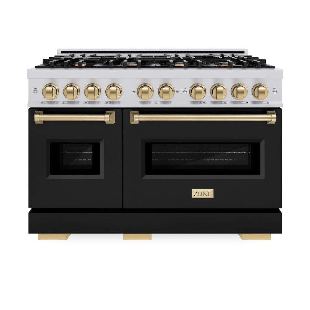 ZLINE Autograph Edition 48 in. 6.7 cu. ft. Classic Double Oven Gas Range with 8 Burner Cooktop in Stainless Steel with Black Matte Doors and Champagne Bronze Accents, Open Box-Great Condition