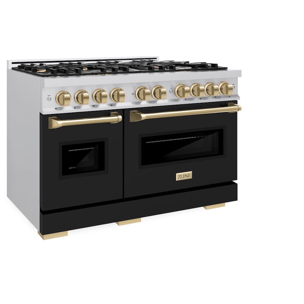ZLINE Autograph Edition 48 in. 6.7 cu. ft. Classic Double Oven Gas Range with 8 Burner Cooktop in Stainless Steel with Black Matte Doors and Champagne Bronze Accents, Open Box-Great Condition