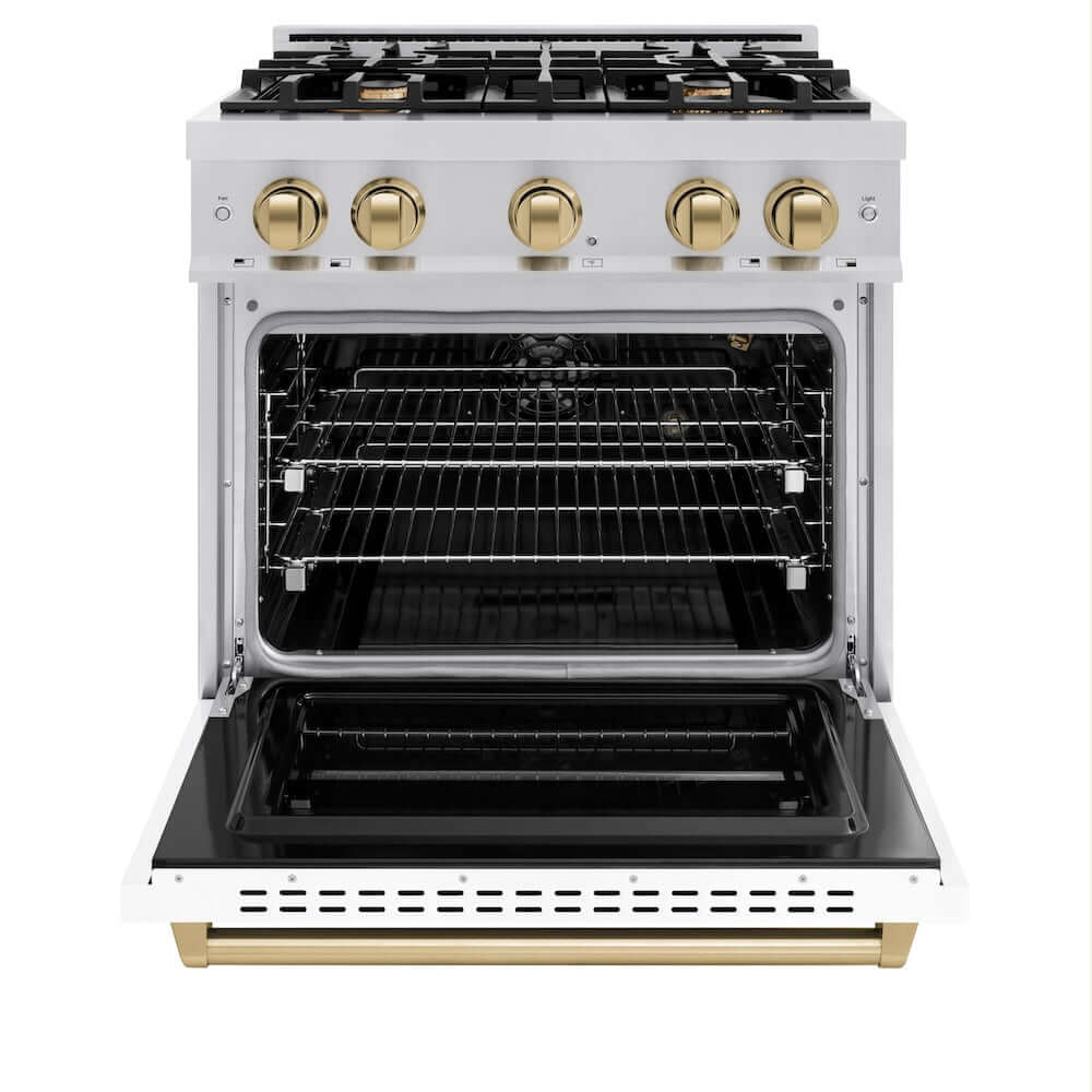 ZLINE Autograph Edition 30 in. 4.2 cu. ft. Classic Gas Range with 4 Burner Cooktop and Convection Gas Oven in Stainless Steel with White Matte Door and Champagne Bronze Accents (CGRZ-WM-30-CB) front, oven open.