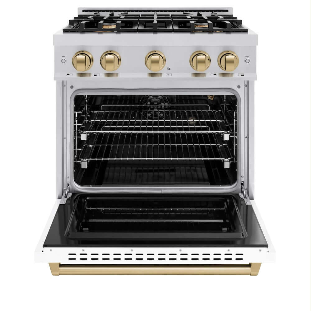 ZLINE Autograph Edition 30 in. 4.2 cu. ft. Classic Gas Range with 4 Burner Cooktop and Convection Gas Oven in Stainless Steel with White Matte Door and Champagne Bronze Accents (CGRZ-WM-30-CB) front, oven open.