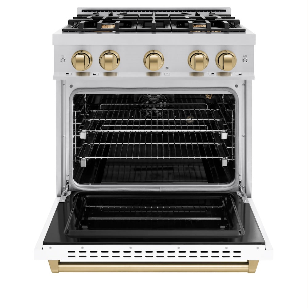 ZLINE Autograph Edition 30 in. 4.2 cu. ft. Classic Gas Range with 4 Burner Cooktop and Convection Gas Oven in Stainless Steel with White Matte Door and Champagne Bronze Accents, Open Box-Great Condition