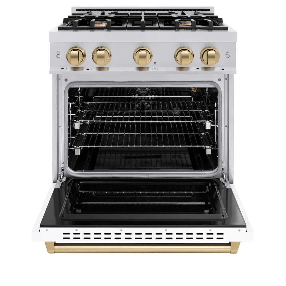 ZLINE Autograph Edition 30 in. 4.2 cu. ft. Classic Gas Range with 4 Burner Cooktop and Convection Gas Oven in Stainless Steel with White Matte Door and Champagne Bronze Accents, Open Box-Good Condition