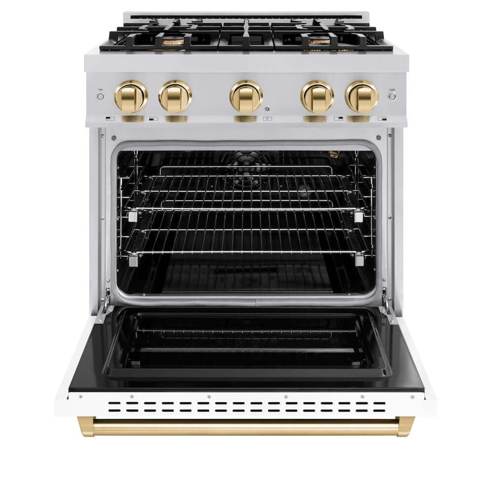 ZLINE Autograph Edition 30 in. 4.2 cu. ft. Classic Gas Range with 4 Burner Cooktop and Convection Gas Oven in Stainless Steel with White Matte Door and Polished Gold Accents (CGRZ-WM-30-G) front, oven open.