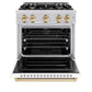 ZLINE Autograph Edition 30 in. 4.2 cu. ft. Classic Gas Range with 4 Burner Cooktop and Convection Gas Oven in Stainless Steel with White Matte Door and Polished Gold Accents (CGRZ-WM-30-G) front, oven open.