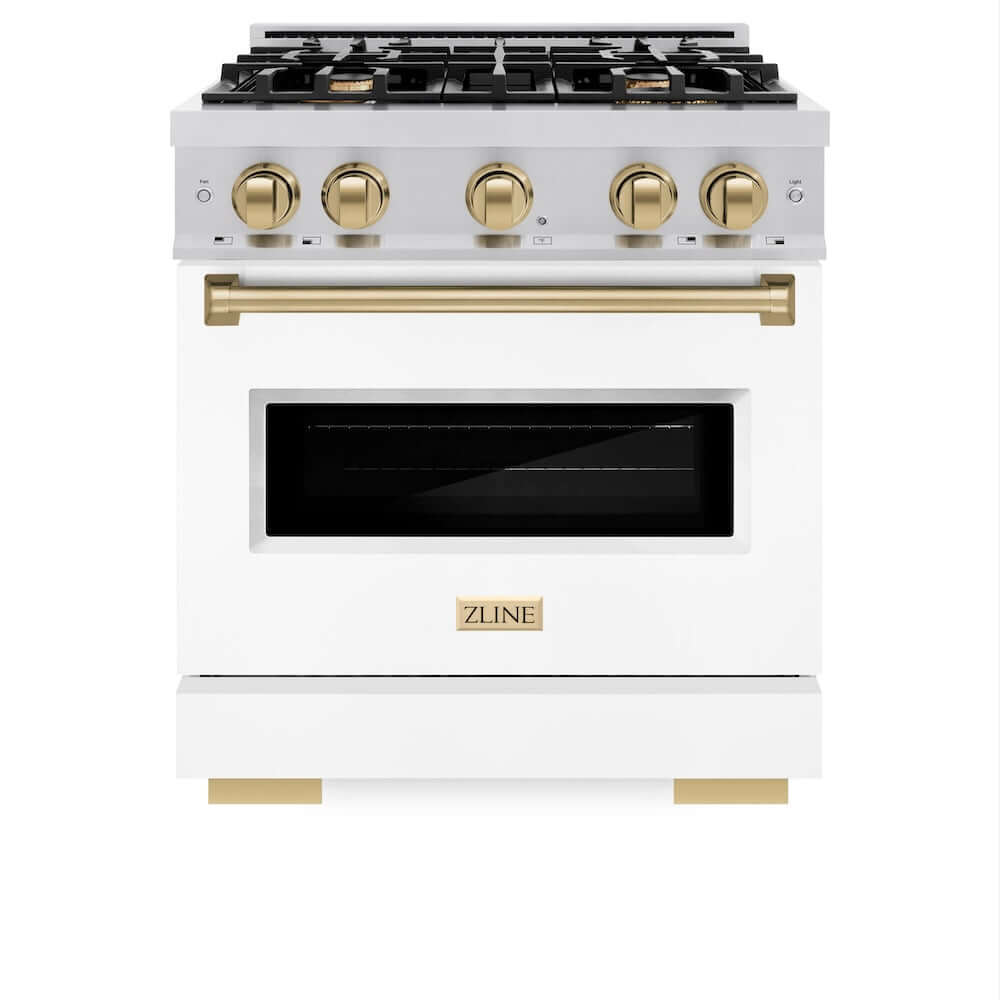 ZLINE Autograph Edition 30 in. 4.2 cu. ft. Classic Gas Range with 4 Burner Cooktop and Convection Gas Oven in Stainless Steel with White Matte Door and Champagne Bronze Accents (CGRZ-WM-30-CB) front, oven closed.