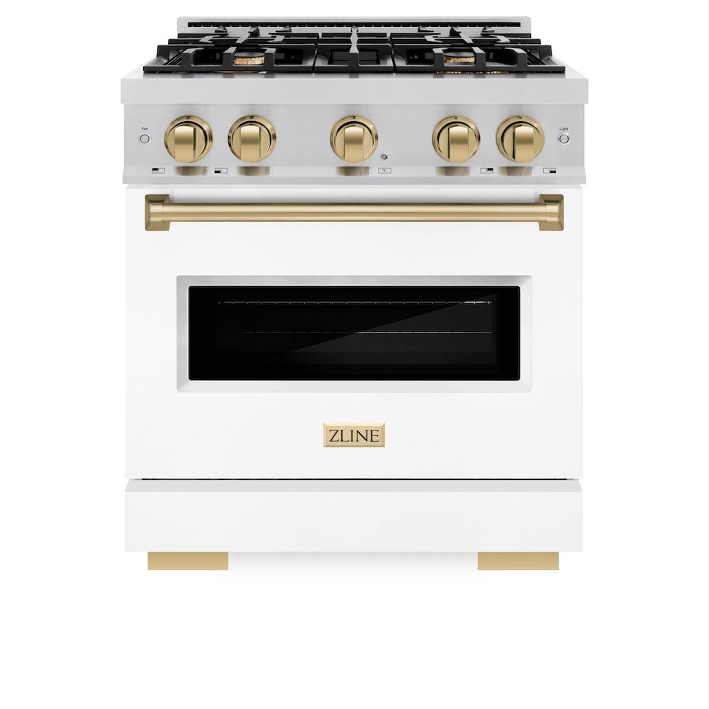 ZLINE Autograph Edition 30 in. 4.2 cu. ft. Classic Gas Range with 4 Burner Cooktop and Convection Gas Oven in Stainless Steel with White Matte Door and Champagne Bronze Accents, Open Box-Great Condition