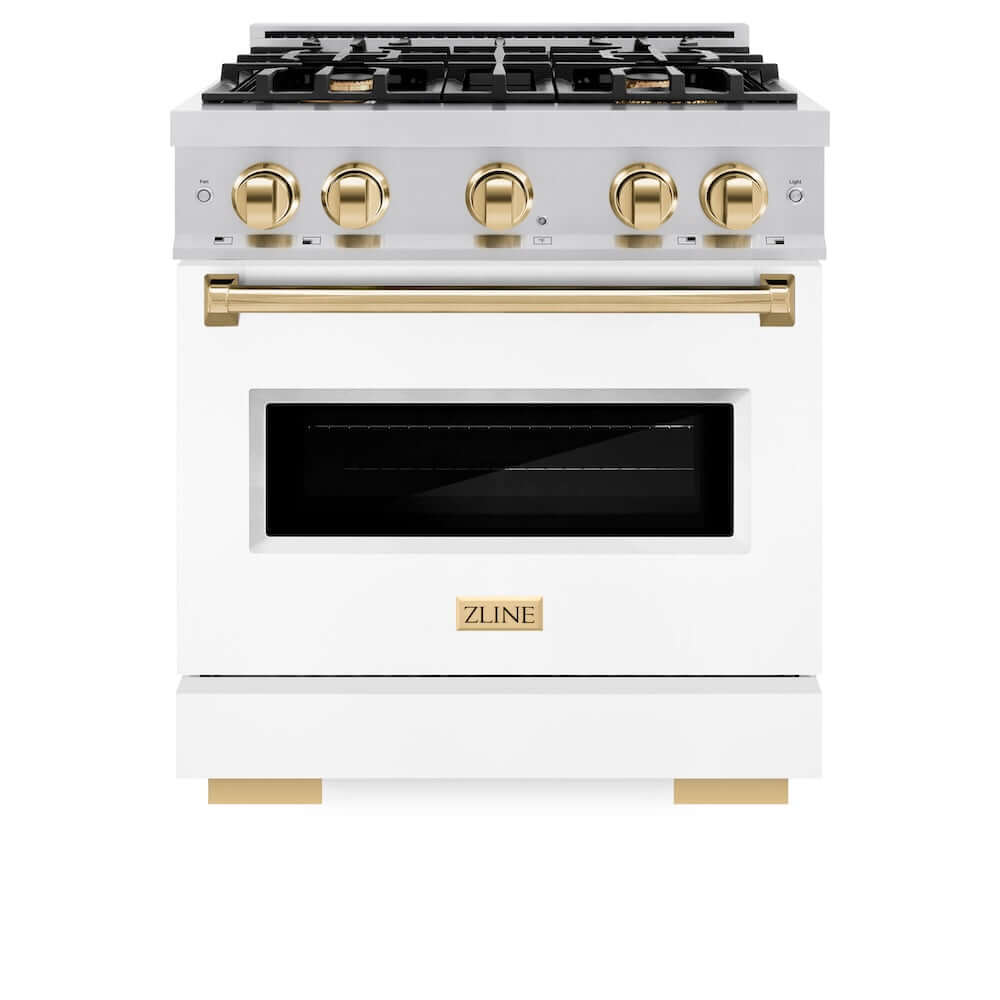 ZLINE Autograph Edition 30 in. 4.2 cu. ft. Classic Gas Range with 4 Burner Cooktop and Convection Gas Oven in Stainless Steel with White Matte Door and Polished Gold Accents (CGRZ-WM-30-G) front, oven closed.