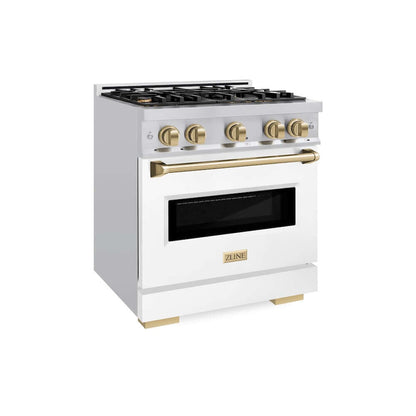 ZLINE Autograph Edition 30 in. 4.2 cu. ft. Classic Gas Range with 4 Burner Cooktop and Convection Gas Oven in Stainless Steel with White Matte Door and Champagne Bronze Accents, Open Box-Good Condition