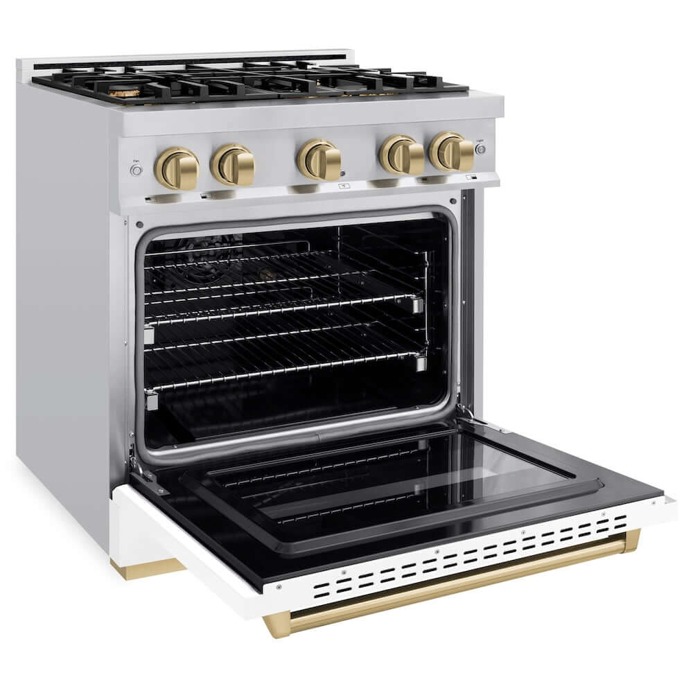 ZLINE Autograph Edition 30 in. 4.2 cu. ft. Classic Gas Range with 4 Burner Cooktop and Convection Gas Oven in Stainless Steel with White Matte Door and Champagne Bronze Accents (CGRZ-WM-30-CB) side, oven open.