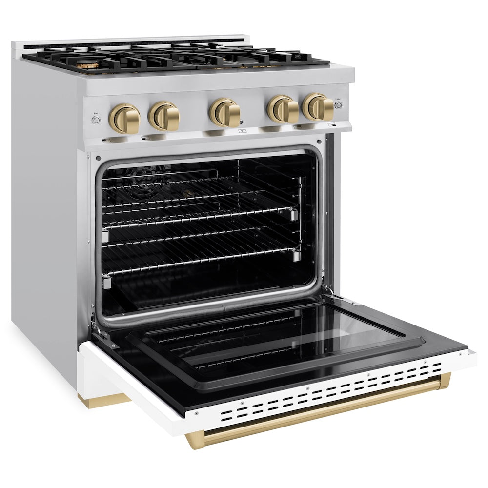 ZLINE Autograph Edition 30 in. 4.2 cu. ft. Classic Gas Range with 4 Burner Cooktop and Convection Gas Oven in Stainless Steel with White Matte Door and Champagne Bronze Accents, Open Box-Great Condition