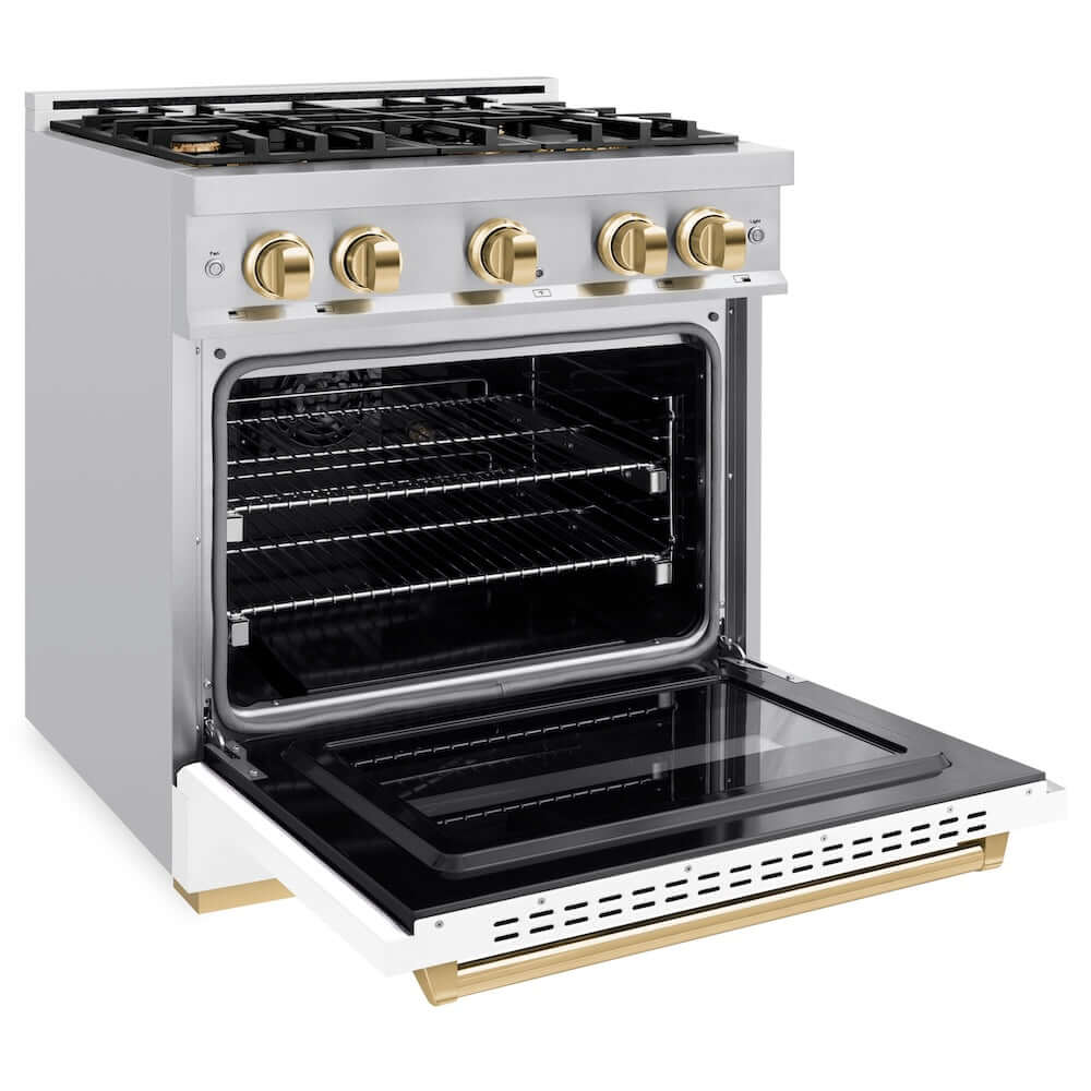 ZLINE Autograph Edition 30 in. 4.2 cu. ft. Classic Gas Range with 4 Burner Cooktop and Convection Gas Oven in Stainless Steel with White Matte Door and Polished Gold Accents (CGRZ-WM-30-G) side, oven open.