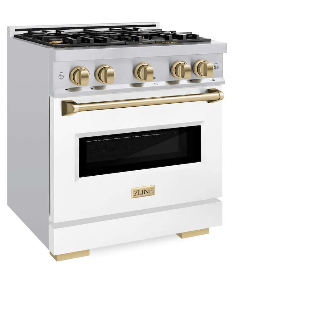 ZLINE Autograph Edition 30 in. 4.2 cu. ft. Classic Gas Range with 4 Burner Cooktop and Convection Gas Oven in Stainless Steel with White Matte Door and Champagne Bronze Accents (CGRZ-WM-30-CB) side, oven closed.