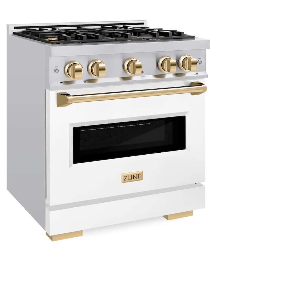 ZLINE Autograph Edition 30 in. 4.2 cu. ft. Classic Gas Range with 4 Burner Cooktop and Convection Gas Oven in Stainless Steel with White Matte Door and Polished Gold Accents (CGRZ-WM-30-G) side, oven closed.