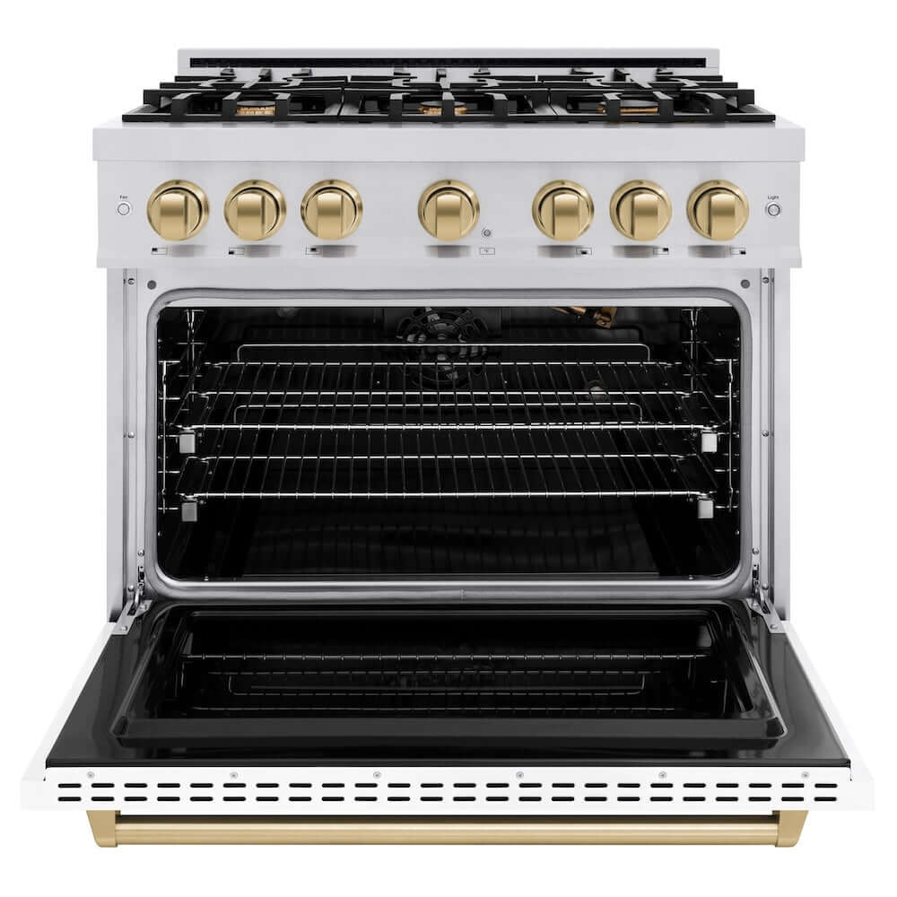 ZLINE Autograph Edition 36 in. 5.2 cu. ft. Classic Gas Range with 6 Burner Cooktop and Convection Gas Oven in Stainless Steel with White Matte Door and Champagne Bronze Accents, Open Box-Good Condition