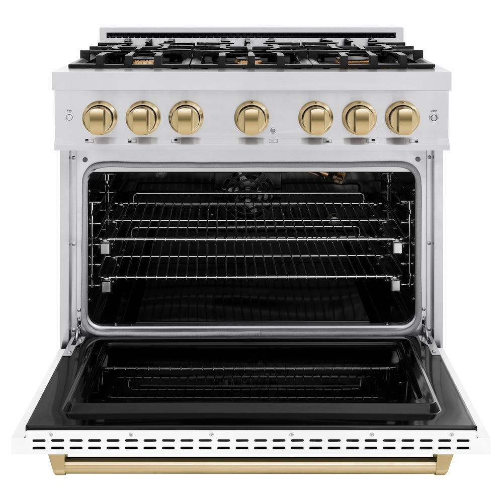 ZLINE Autograph Edition 36 in. 5.2 cu. ft. Classic Gas Range with 6 Burner Cooktop and Convection Gas Oven in Stainless Steel with White Matte Door and Champagne Bronze Accents, Open Box-Great Condition